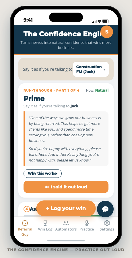 The Referral Guy Confidence Engine screen — rehearsing the Prime script out loud to a partner, rated shaky to natural, one run-through of four